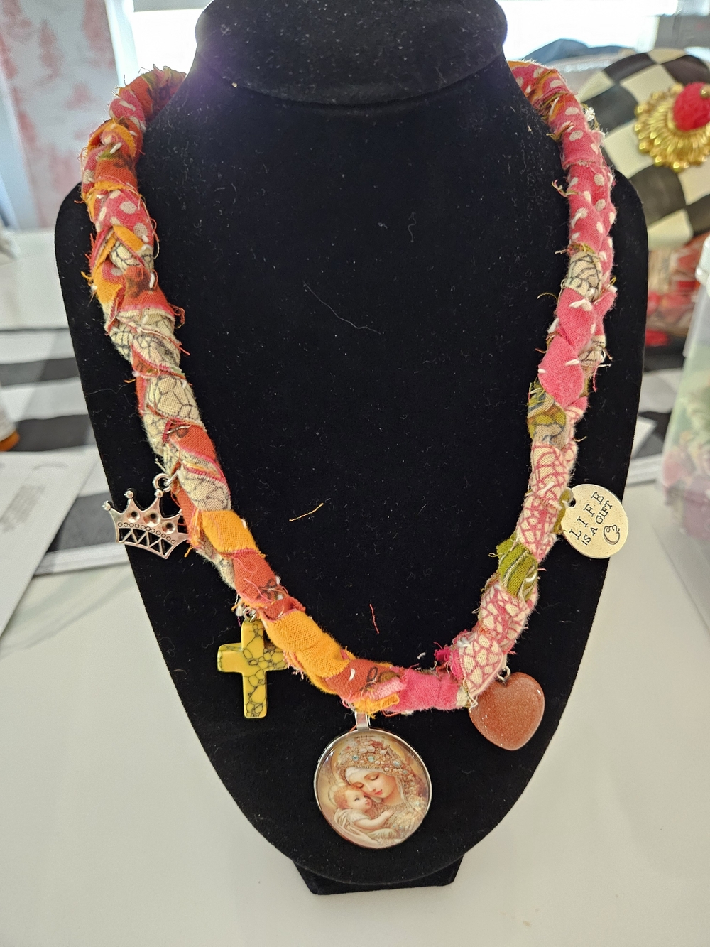 Handmade Pink & Orange Kantha Charm Necklace with Mixed Charms